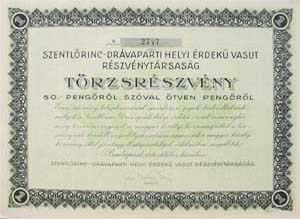 Szentlőrinc-Drávaparti Helyi Érdekű Vasút Részvénytársaság törzsrészvény 50 pengő 1936