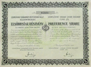 Szentlőrinc-Drávaparti Helyi Érdekű Vasút Részvénytársaság elsőbbségi részvény 50 pengő 1936