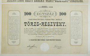 Szilágysági Helyi Érdekű Vasút Részvénytársaság törzsrészvény 100 forint 1887