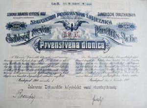 Szlavoniai-Drávavidéki Helyi Érdekű Vasút Részvénytársaság elsőbbségi részvény 200 korona 1908