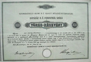 Szombathely-Rumi Helyi Érdekű Vasút Részvénytársaság törzsrészvény 100 forint 1894