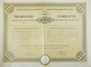 Taraczvölgyi Helyi Érdekű Vasút Részvénytársaság törzsrészvény 200 forint 1886