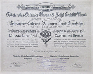 Tőketerebes-Gálszécs-Varannói Helyi Érdekű Vasút Részvénytársaság törzsrészvény 200 korona 1903