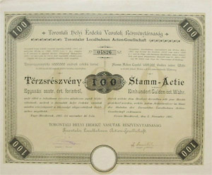Torontáli Helyi Érdekű Vasutak Részvénytársaság törzsrészvény 100 forint 1887