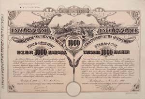 Ungvár-Vajáni Helyi Érdekű Vasút Részvénytársaság törzs-részvény 1000 korona 1909