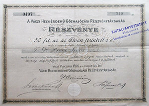 Váczi Helyiérdekű Gőzhajózási Részvénytársaság  részvény 50 forint 1895 Vác