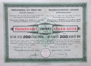 Varasd-Goluboveczi Helyi Érdekű Vasút Részvénytársaság törzsrészvény 200 forint 1889