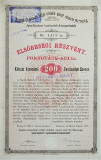Zágráb-Samobori Helyi Érdekű Vasút Részvénytársaság elsőbbségi részvény 200 korona 1900