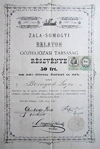 Zala-Somogyi Balaton Gőzhajózási Társaság részvény 50 forint 1872