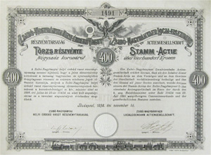 Zsibó-Nagybányai Helyi Érdekű Vasút Részvénytársaság törzsrészvény 400 korona 1898