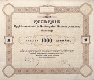 Ecclesia Egyházművészeti és Áruforgalmi Részvénytársaság 1000 korona 1924