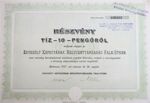 Egyesült Kefegyárak Részvénytársaság Falk-Stern részvény 10 pengő 1927 Debrecen