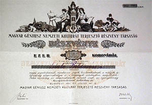 Magyar Géniusz Nemzeti Kulturát Terjesztő Részvénytársaság részvény  1000 korona 1921