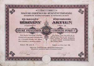 Magyar Oxigéngyár Részvénytársaság részvény 25x20 500 pengő 1926