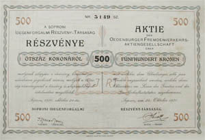 Soproni Idegenforgalmi Részvénytársaság részvény 500 korona 1920
