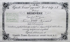 Újpesti Torna Egyesület Sport Telep Részvénytársaság részvény 50x200 10000 korona 1921