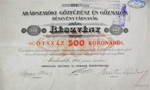 Abádszalóki Gőzfűrész és Gőzmalom Részvénytársaság részvény 500 korona 1911