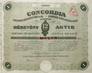 Concordia Gőzmalom Részvénytársaság részvény 12 pengő 1927