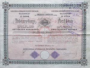 Concordia Gőzmalom Részvénytársaság részvény 2000 korona 1922