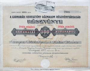 Csongrádi Keresztény Gőzmalom Részvénytársaság részvény 300 korona 1922