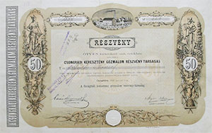 Csongrádi Keresztény Gőzmalom Részvénytársaság részvény 50 forint 1885