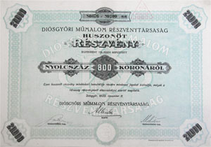 Diósgyőri Műmalom Részvénytársaság részvény 25x800 korona 1923 Diósgyőr