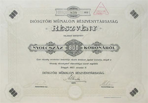 Diósgyőri Műmalom Részvénytársaság részvény 800 korona 1923