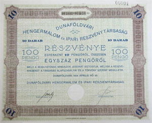 Dunaföldvári Hengermalom és Ipari Részvénytársaság részvény 10x100 1000 pengő 1926 Dunaföldvár
