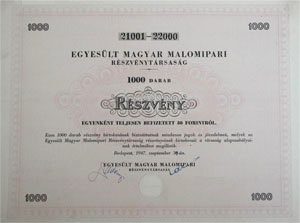 Egyesült Magyar Malomipari Részvénytársaság részvény 30000 forint 1947
