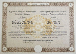 Egyesült Magyar Malomipari Részvénytársaság részvény 5x10 50 pengő 1927