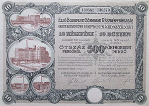 Első Budapesti Gőzmalmi Részvénytársaság részvény 10x50 500 pengő 1927