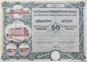 Első Budapesti Gőzmalmi Részvénytársaság részvény 50 pengő 1927