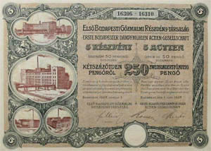 Első Budapesti Gőzmalmi Részvénytársaság részvény 5x50 pengő 1927