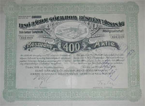 Első Dárdai Gőzmalom Részvénytársaság részvény 400 korona 1908 Dárda