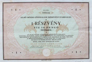 Első Mözsi Gőzmalom Részvénytársaság részvény 10 pengő 1926