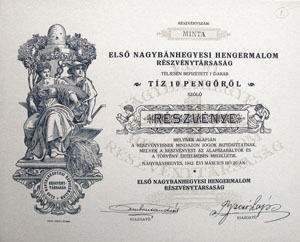 Első Nagybánhegyesi Hengermalom Részvénytársaság részvény 10 pengő 1942
