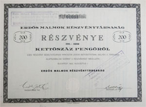 Erdős Malmok Részvénytársaság részvény 200 pengő 1932