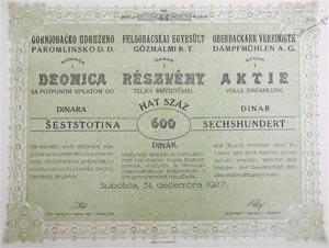 Felsőbácskai Egyesült Műmalmi Részvénytársaság részvény 600 dinar 1927 Szabadka