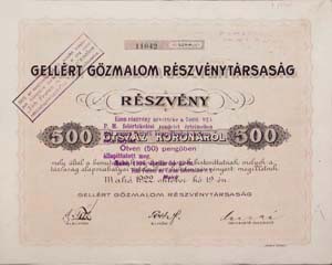 Gellért Gőzmalom Részvénytársaság részvény 500 korona 1922 Makó