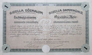 Gizella Gőzmalom Részvénytársaság elsőbbségi részvény 25 pengő 1928