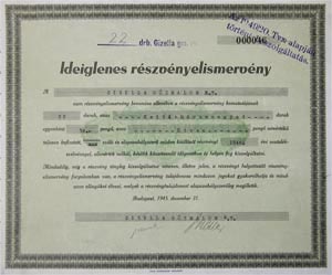 Gizella Gőzmalom Részvénytársaság ideiglenes részvényelismervény 50 pengő 1945