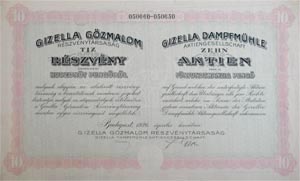 Gizella Gőzmalom Részvénytársaság részvény 10x25 250 pengő 1926