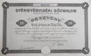 Gyöngyösvidéki Gőzmalom Részvénytársaság részvény 10 pengő 1926 Gyöngyös