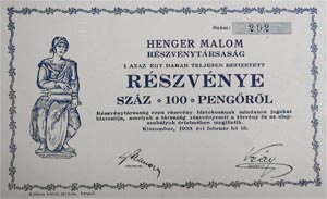 Henger Malom Részvénytársaság részvény 100 pengő 1933 Kiszombor