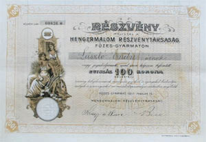 Hengermalom Részvénytársaság részvény 100 korona 1911 Füzesgyarmat