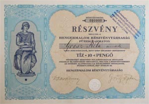 Hengermalom Részvénytársaság részvény 10 pengő 1927 Füzesgyarmat