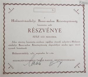 Hódmezővásárhelyi Bauer-Malom Részvénytársaság részvény 100 pengő 1937 Hódmezővásárhely
