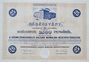 Hódmezővásárhelyi Gazdák Műmalma Részvénytársaság részvény 25x100 2500 pengő 1941