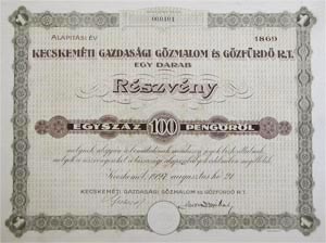 Kecskeméti Gazdasági Gőzmalom és Gőzfürdő Részvénytársaság részvény 100 pengő 1927 Kecskemét