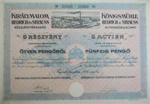 Királymalom Hedrich és Strauss Részvénytársaság részvény 5x10 50 pengő 1926